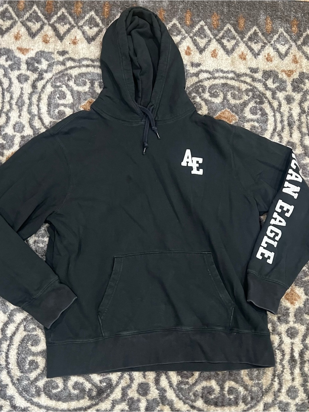 American Eagle Hoodie Vintage Black Size XL AE Logo Sweatshirt Pullover Top